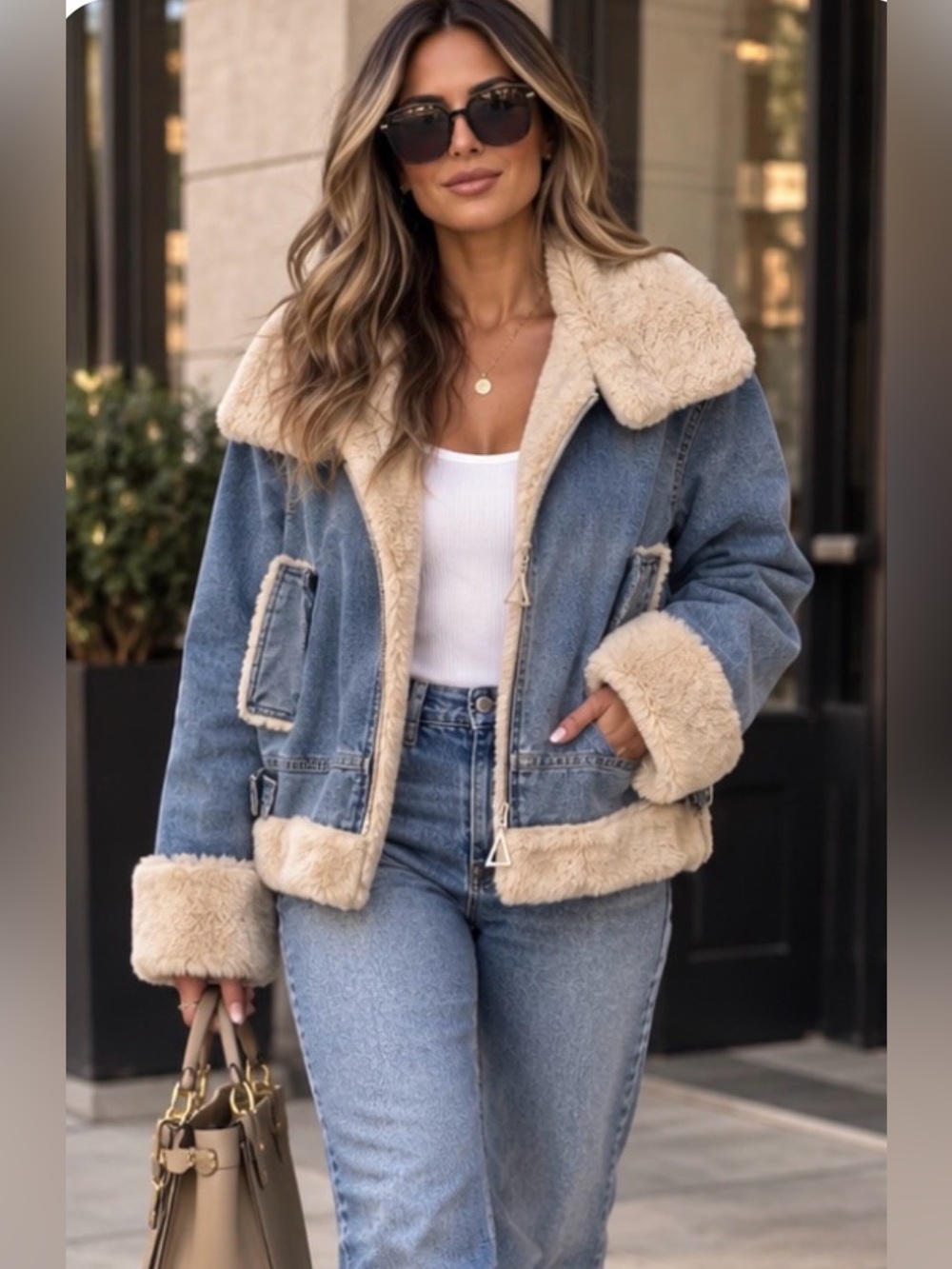 AKIRA Blue Denim Jacket with Cream Faux Shearling Trim